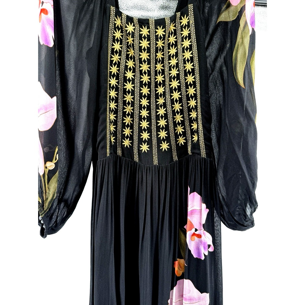 Farm Rio Dress Womens M Black Floral Embroidered Maxi Puff Sheer Sleeve Boho